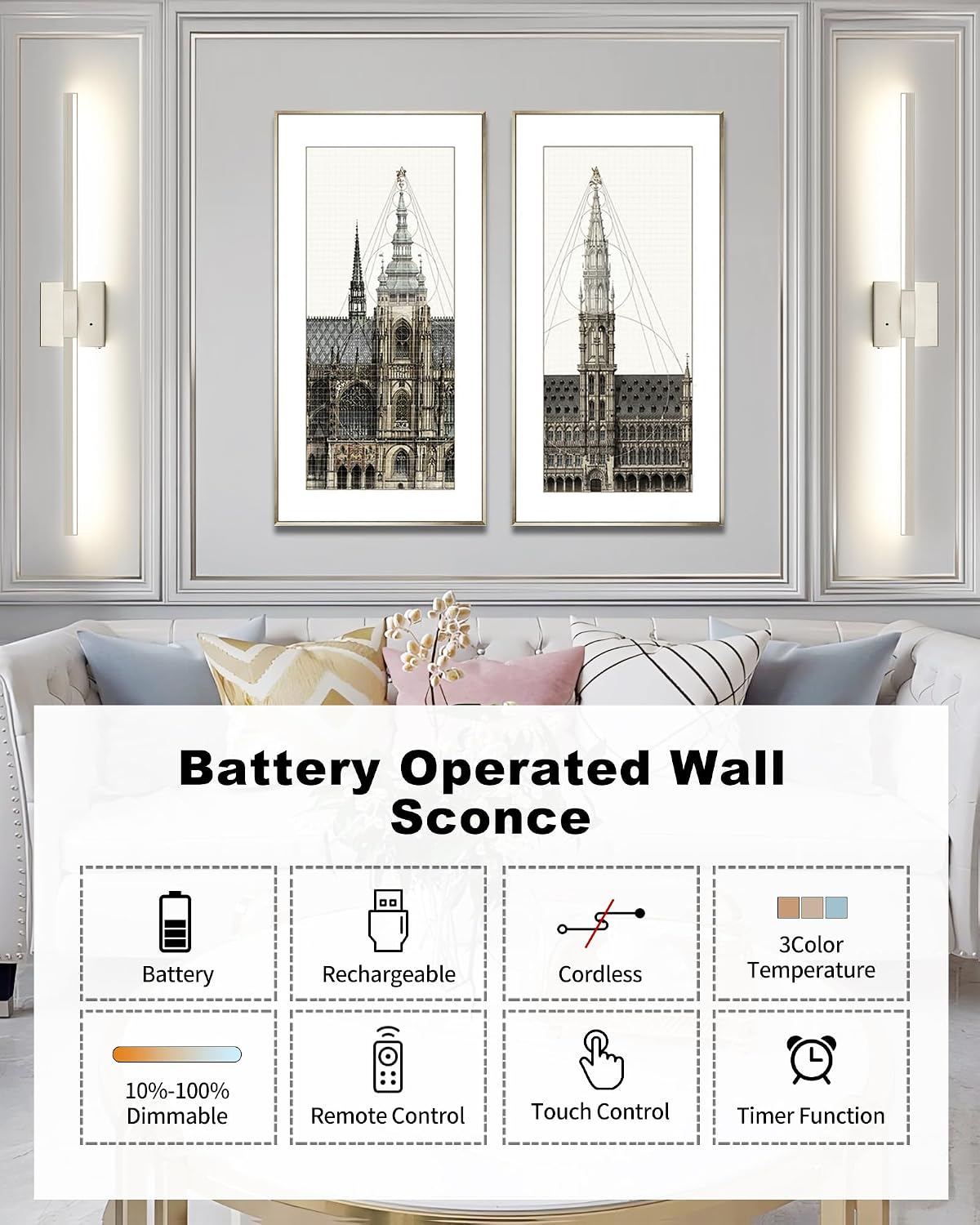 Rayogale Nickel Battery Operated Wall Sconces Set of 2, 24 Inch | 3000/4500/6000K Dimmable 8000mAh Wireless