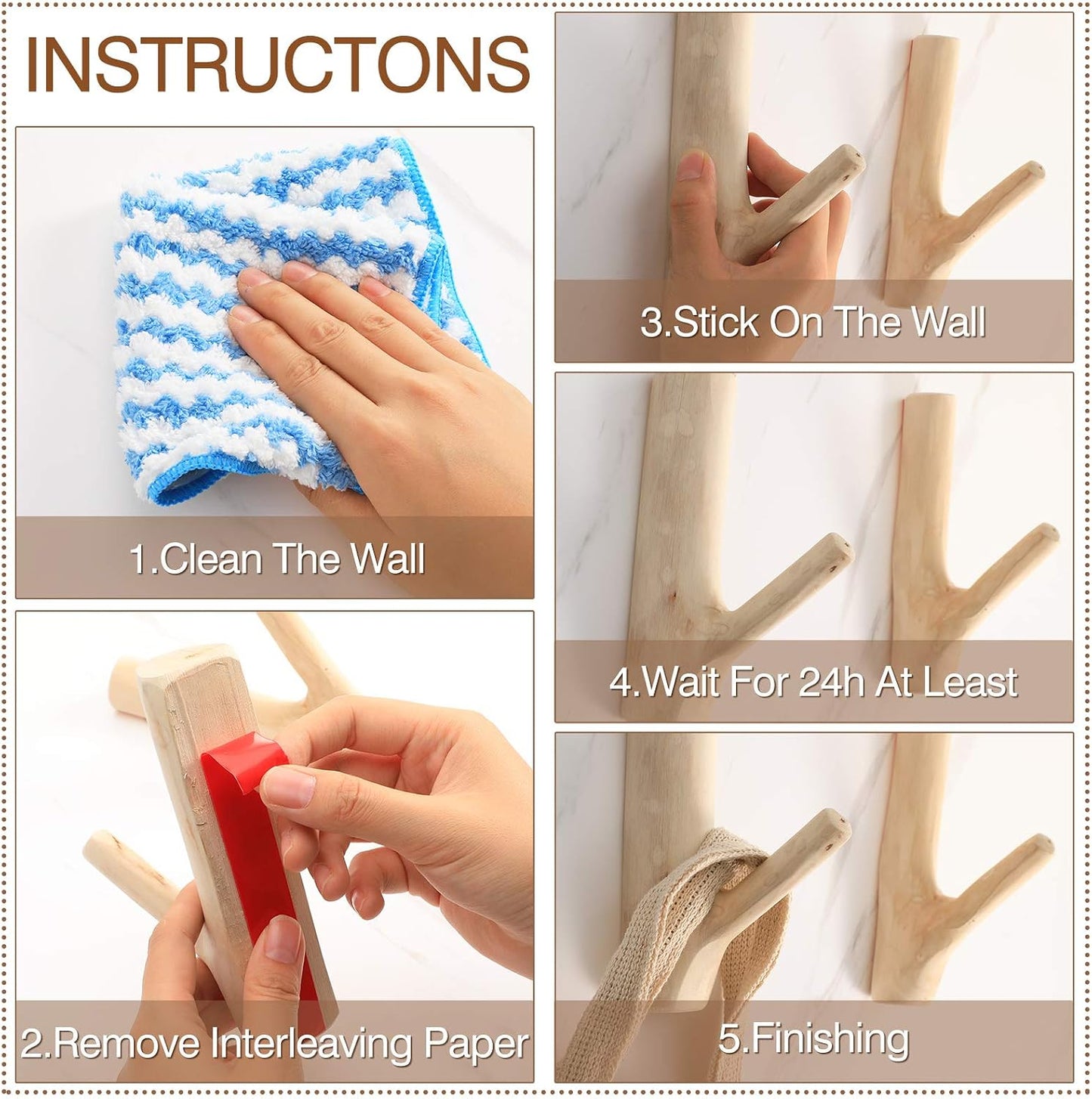 Tree Branch Wood Wall Hook Set Rustic Towel Hook Decorative Wood Adhesive Coat / White / Set of 4