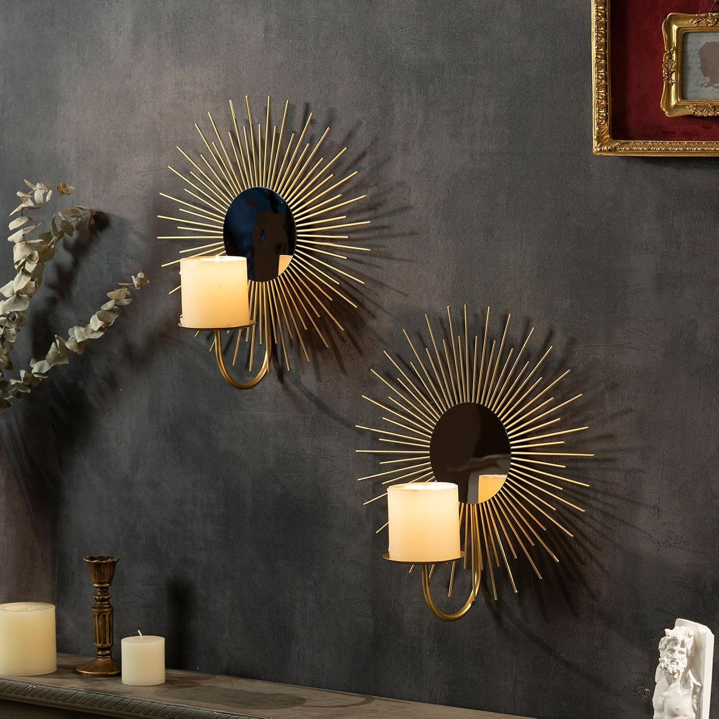 AIM & GGKK Wall Candle Sconce Holder,Set of 2 Mirror Wall Mounted Metal Candle Holder for Home,Living Room, Dining