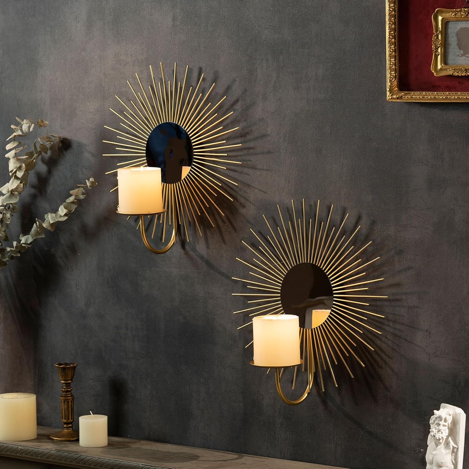 AIM & GGKK Wall Candle Sconce Holder,Set of 2 Mirror Wall Mounted Metal Candle Holder for Home,Living Room, Dining