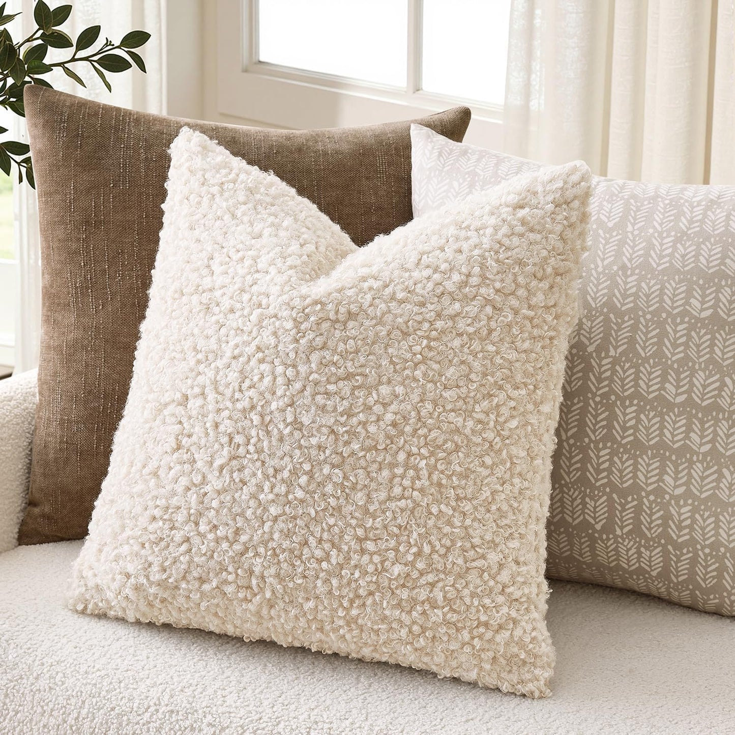 Teddy Faux Fur Throw Pillow Covers Soft Fuzzy Sherpa / Neutral Light Beige / 18 x 18 / Set of 2