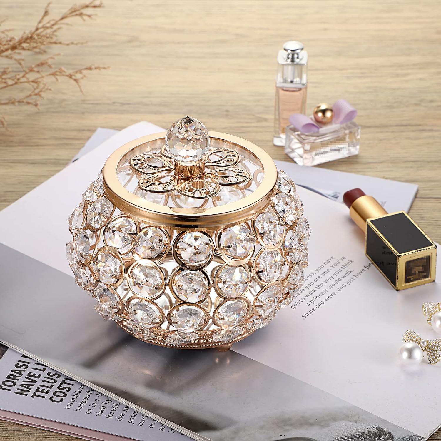 Glass Lid Trinket Organizer Mirrored Treasure Box Ring Holder Earrings Necklace / Small / Gold