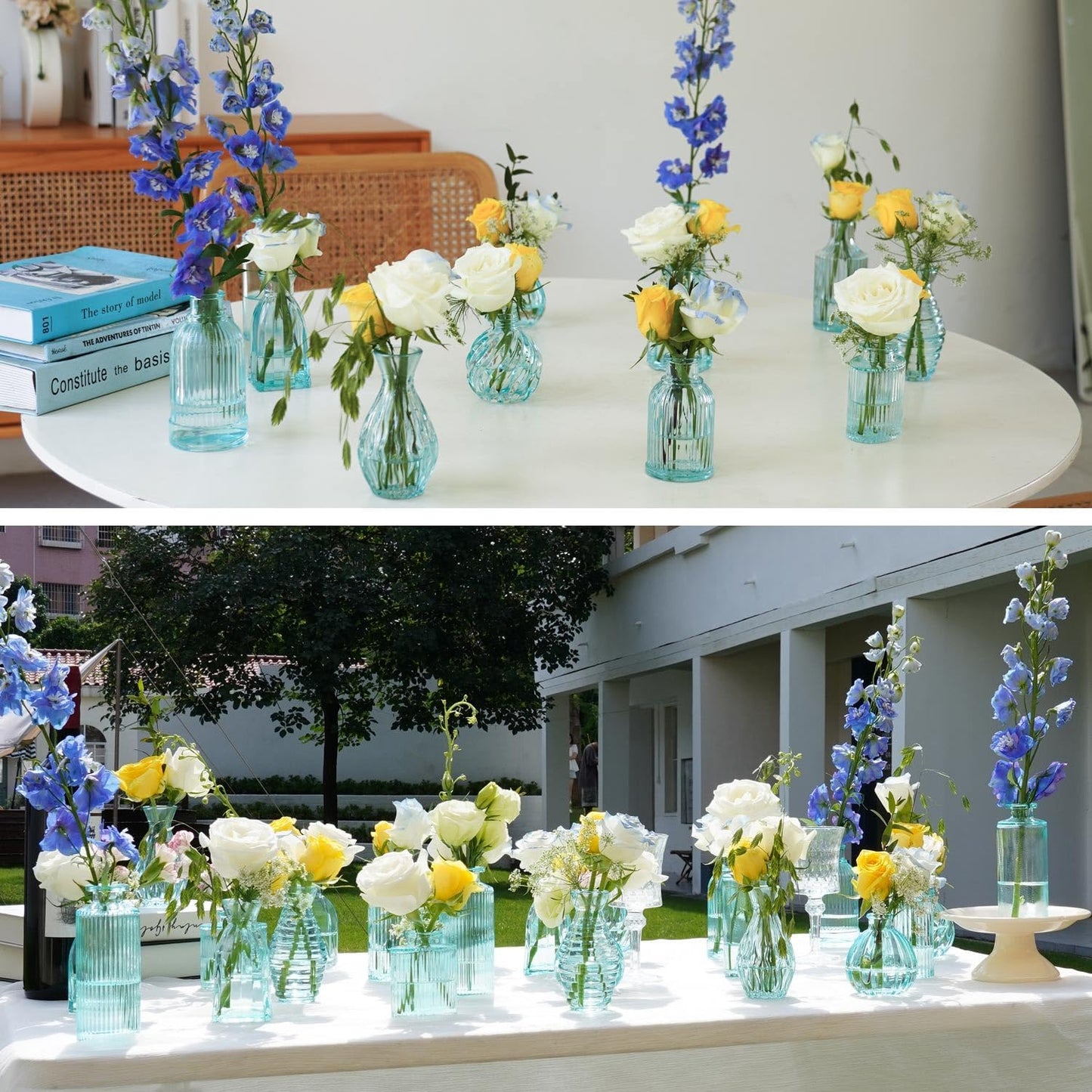 Glass Vase / Modern Ribbed Glass Bud Vase Wedding Flower Vase / Blue / 2 Packs