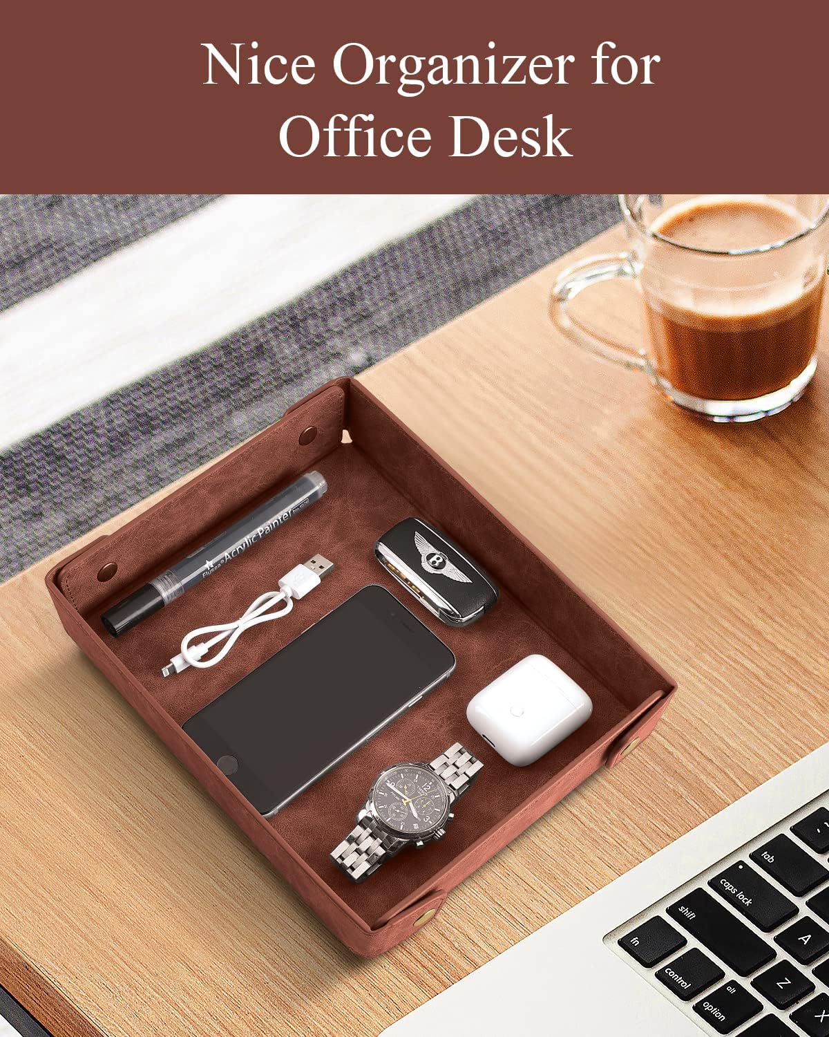 Faux Leather Valet Tray Organizer for Men / Brown / Rectangle