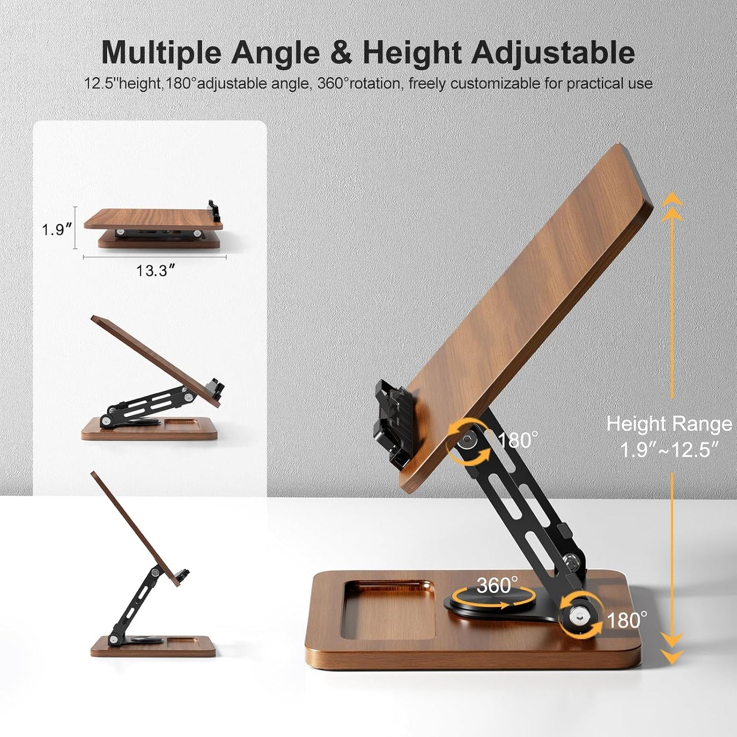 OPTIXCELL Book Stand for Reading, 360° Rotating Book Holder, Page Clips | Hands Free, Built-in Storage Tray, Adjustable