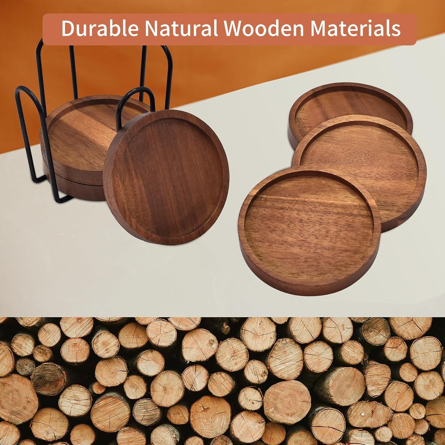 Holder / Wood Drink Coasters / Natural / Set of 6
