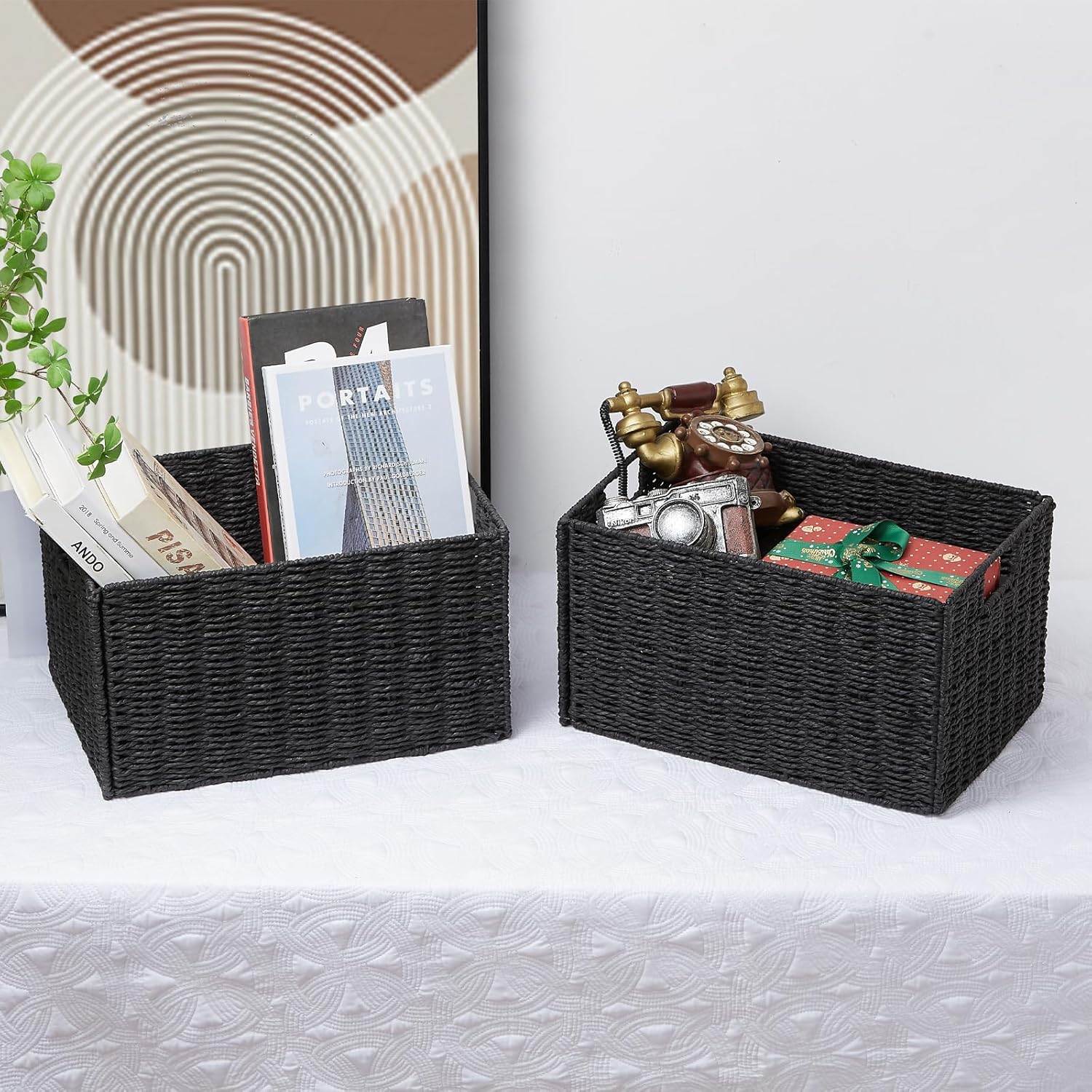 Wicker Storage Basket / Black / 15.2"D x 10"W x 8.6"H / Set of 2