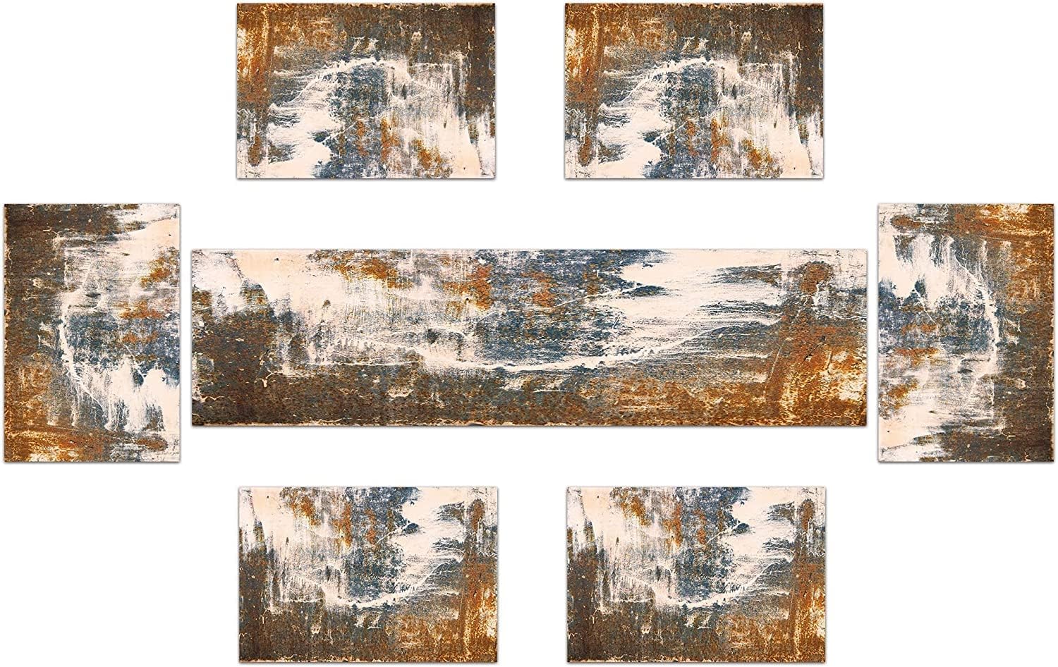 Rust Table Runner and Place Mats Set of 6 Abstract Blue and Brown Metal Steel Iron Rusty Stain Linen Dining Mat Sets