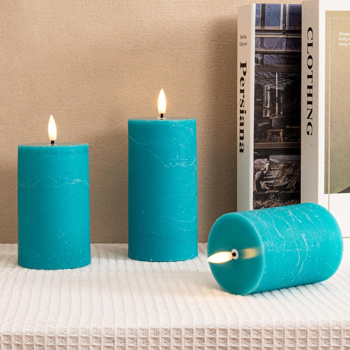 Teal Flameless Candles, Wax Battery Operated Candles with Remote | Flat Top Flickering LED Pillar Candles for Home