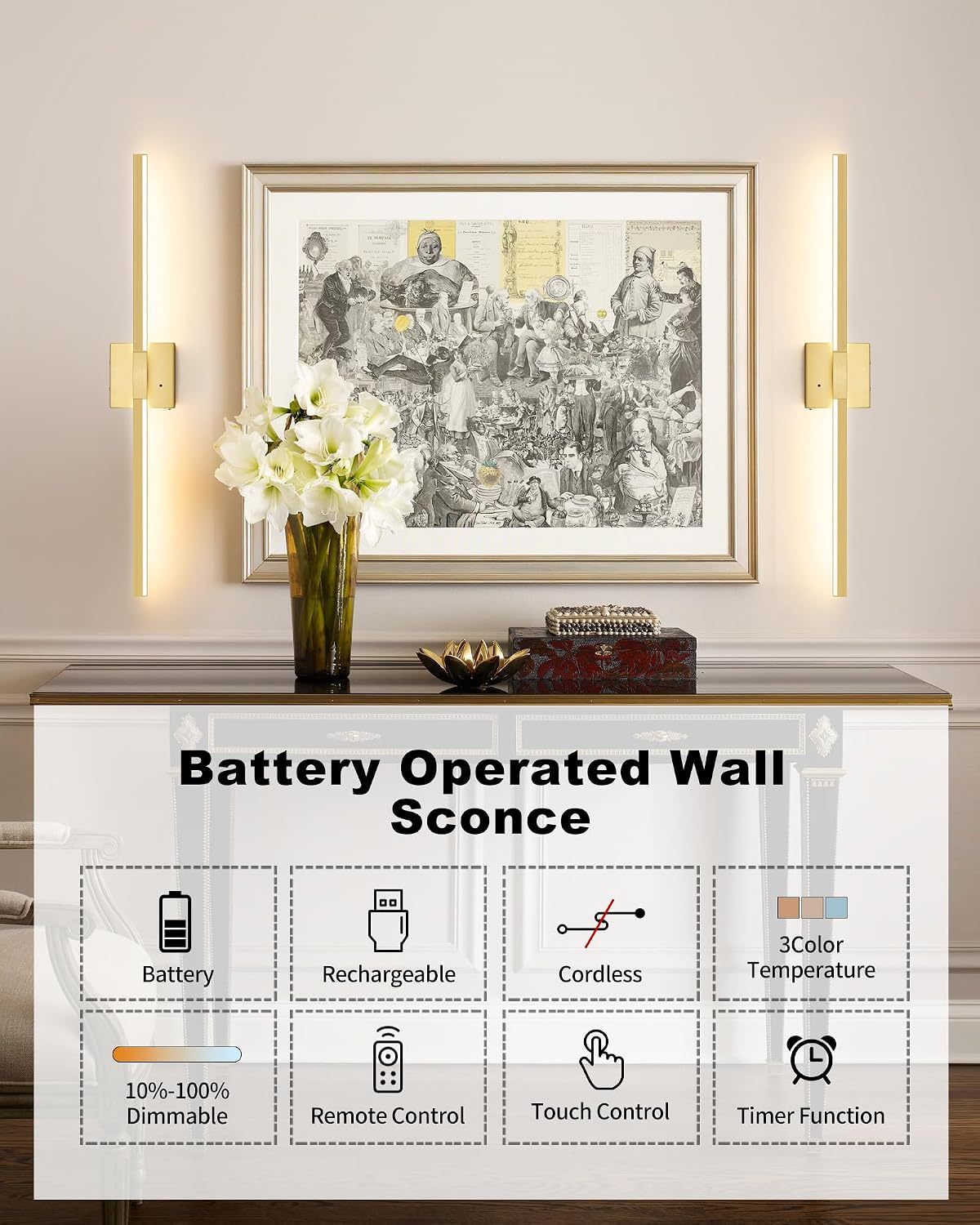 Rayogale Gold Battery Operated Wall Sconces with Remote Control | 3000/4500/6000K Dimmable 8000mAh Wireless