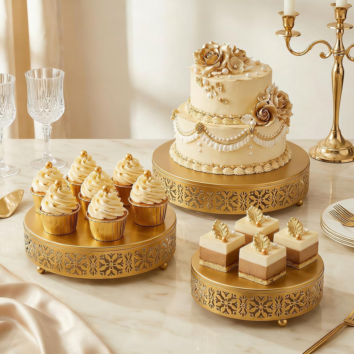 Coloch 3 Pieces Golden Cake Stand Set, 8/10/12 Inch Round Metal Dessert Display Stand Decorative Cake Holder Cupcake