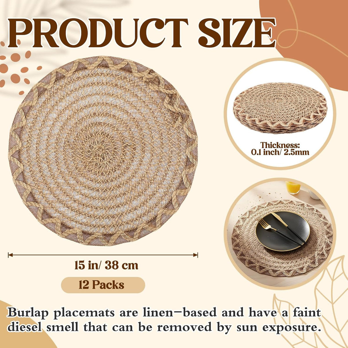 12 Set 15 Inch Round Burlap Placemat Openwork Boho Jute Woven Charger Rustic Vintage Natural Brown Heat Resistant