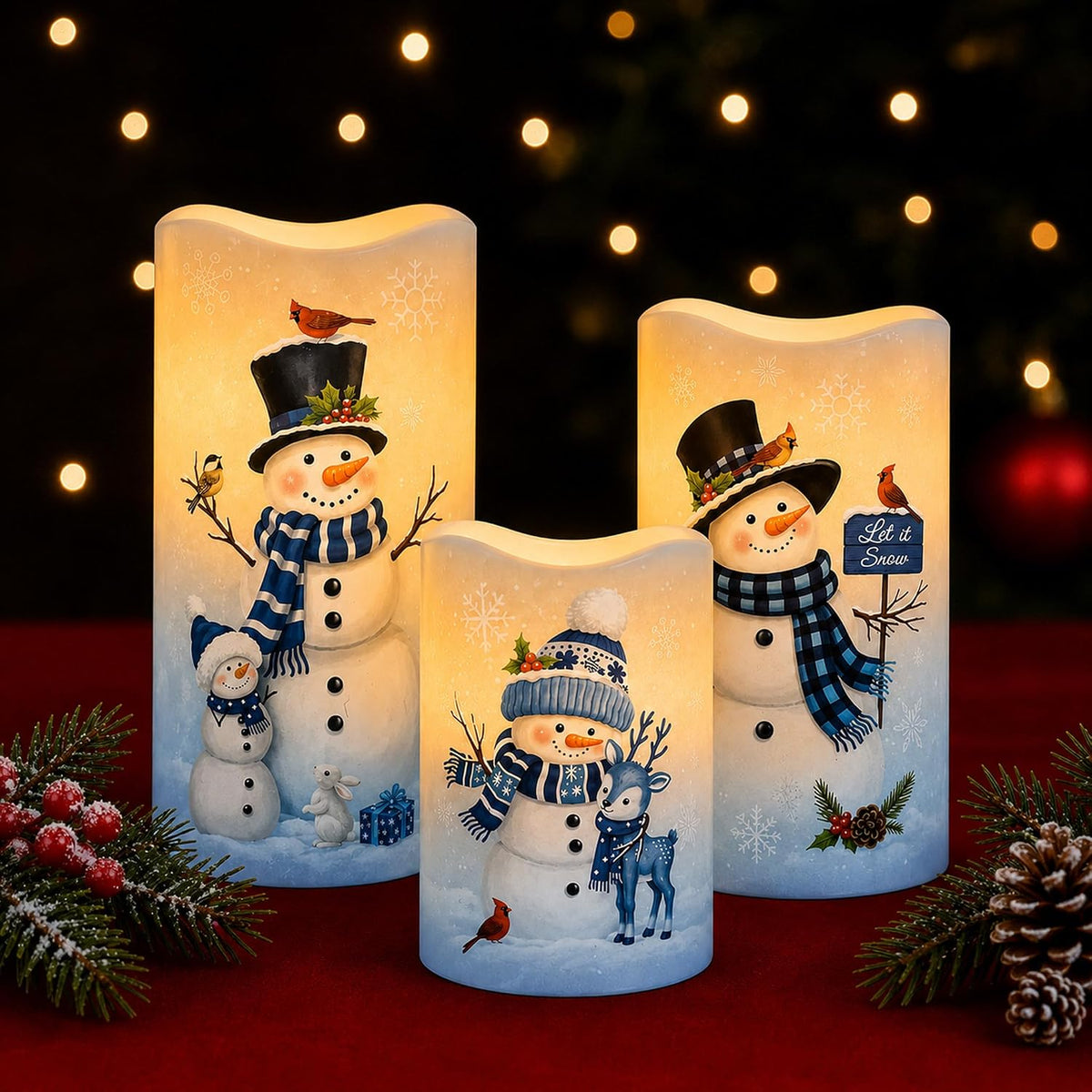 Blue Snowman Christmas Battery Operated Flameless Flickering LED Candles