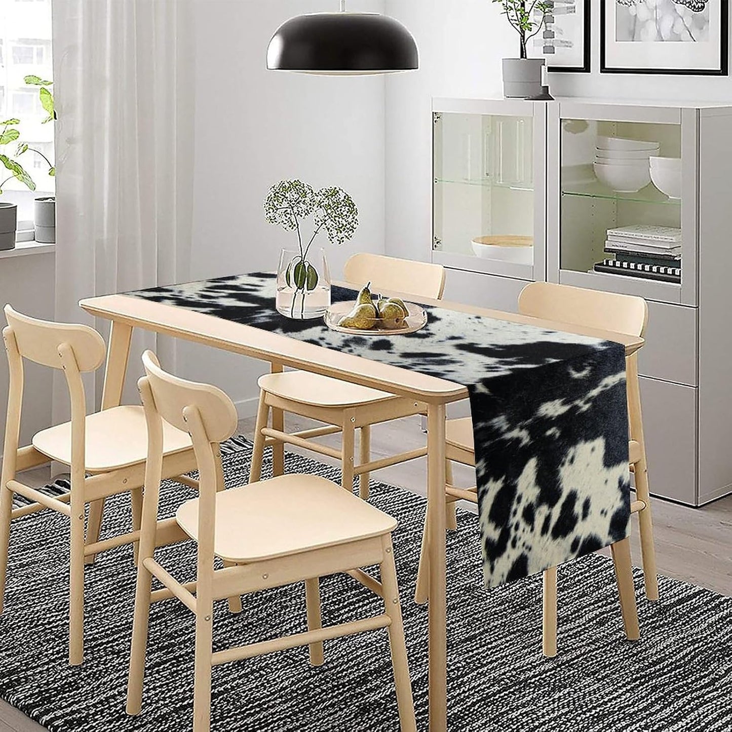 Cow Print Table Runner - Black White Cowhide Western Style Country Farmhouse Patterns Printed Linen for Home Kitchen