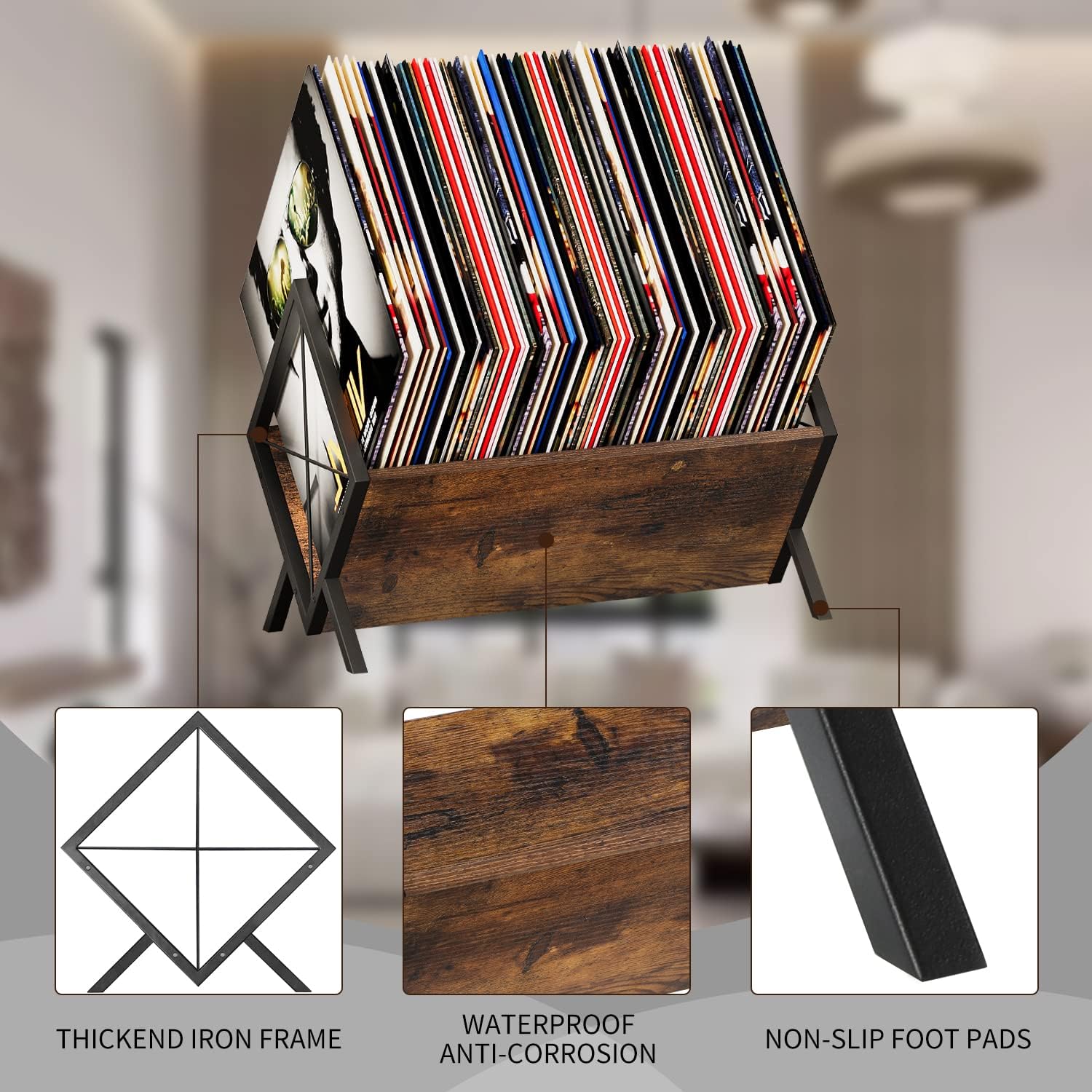 YINMIT Vinyl Record Holder, 80-100 LP Vinyl Record Storage Rack, Quick Assembly Vinyl Record Display, Retro Style