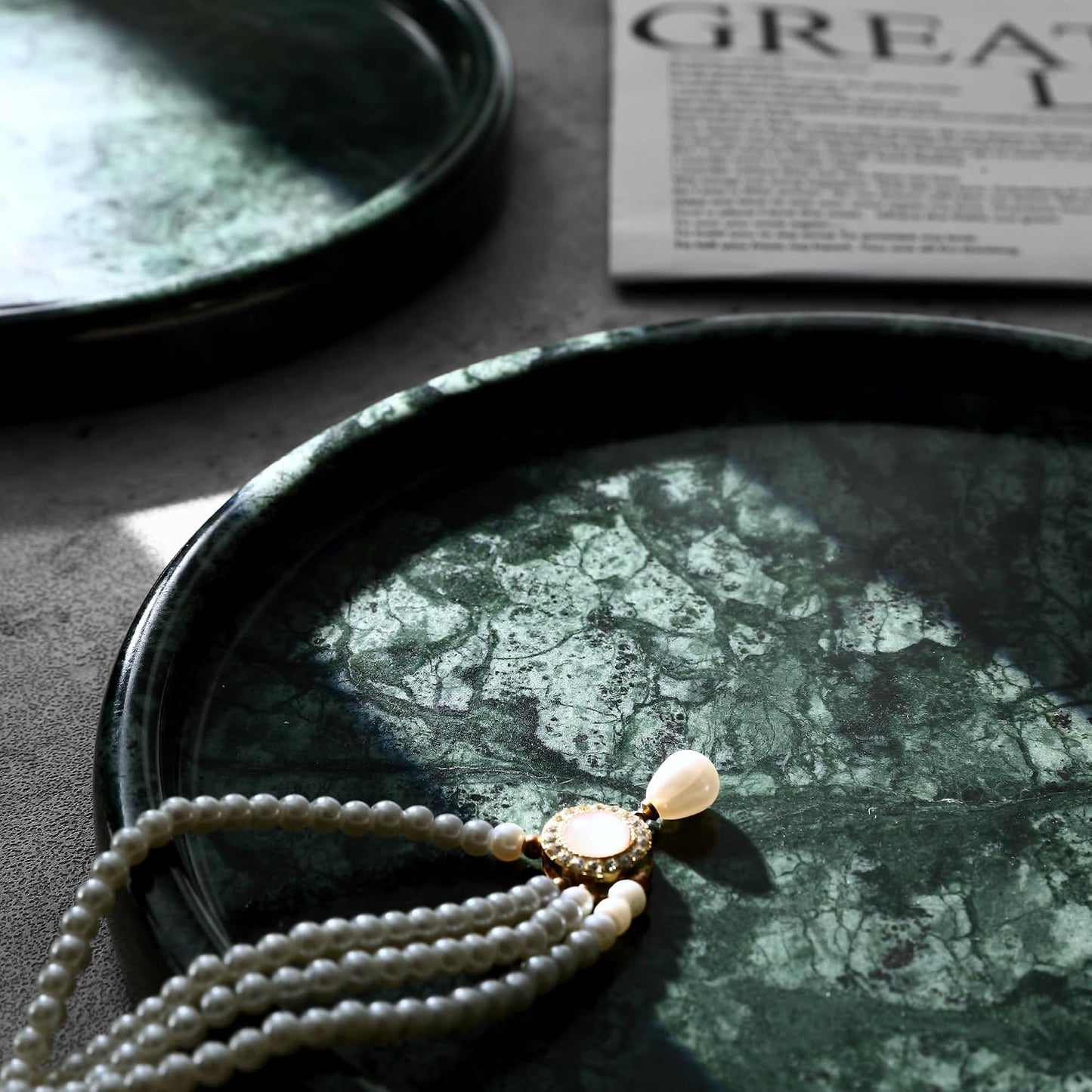 Decorative Tray / Natural Marble Round Tray / Green / 8 Inch