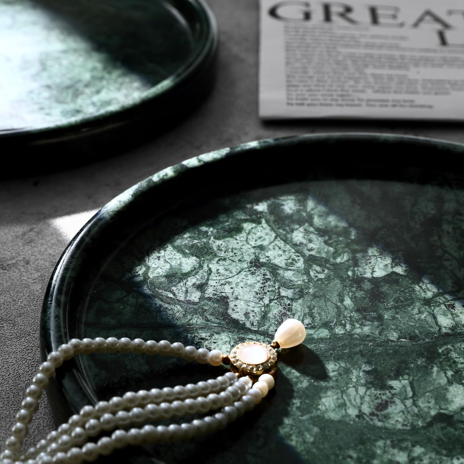 Decorative Tray / Natural Marble Round Tray / Green / 8 Inch