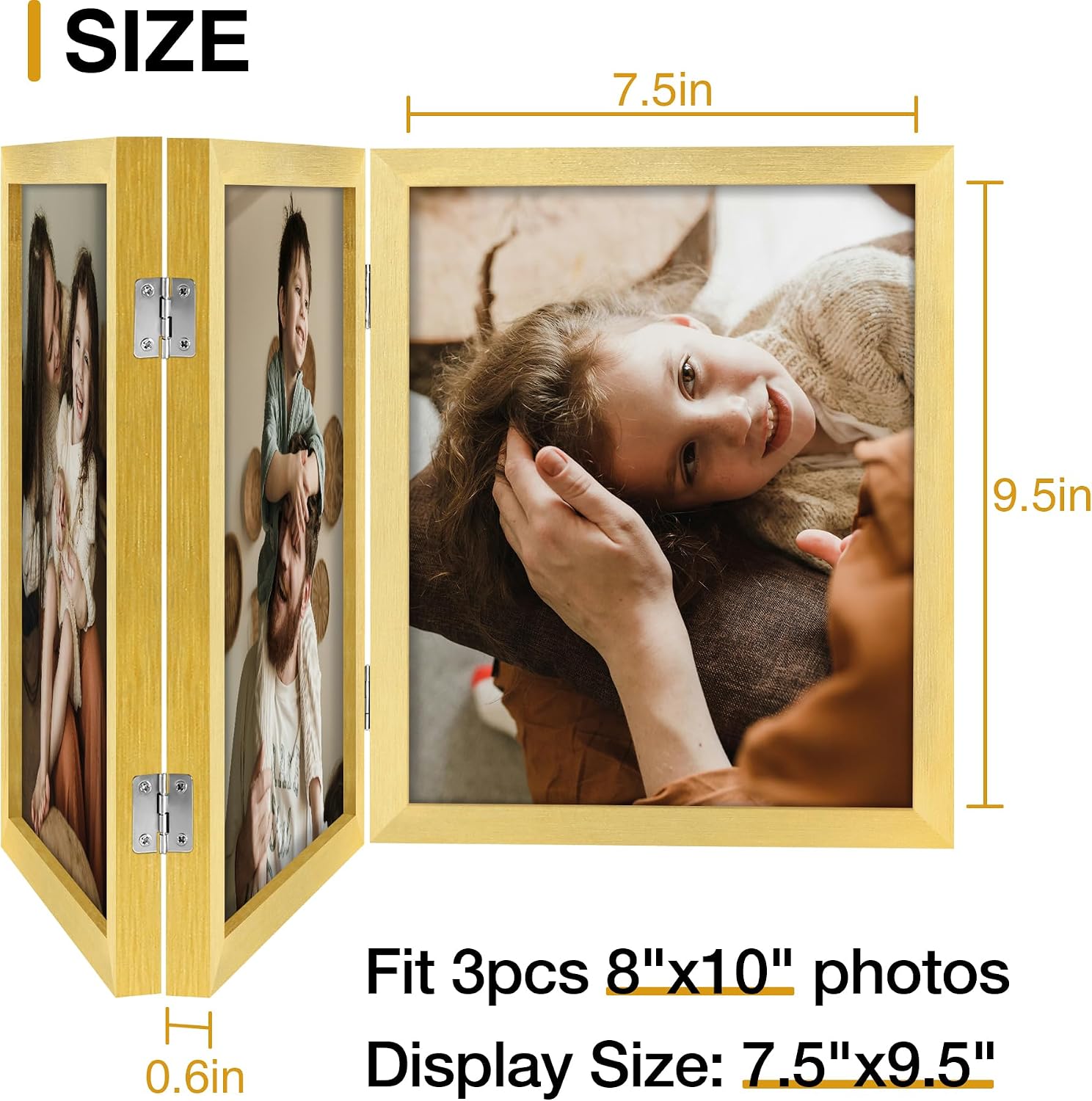 decorUhome Gold Triple 8x10 Picture Frame Vertical, MDGD08 | "Z" Shape Folding Design Engineered Wood Trifold Photo