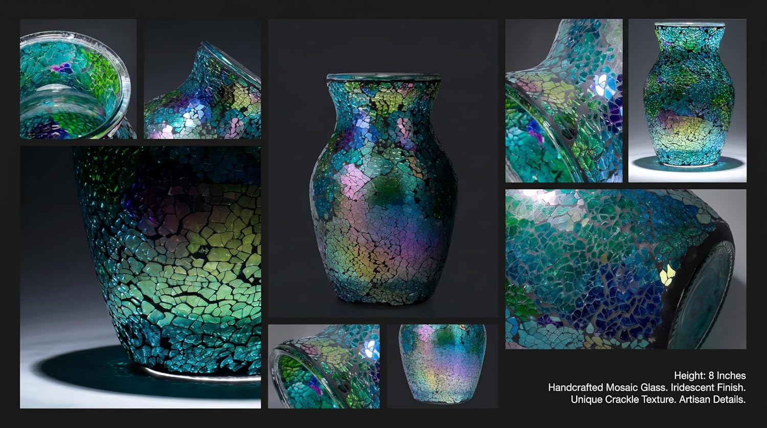 8" Iridescent Crackle Glass Vase / Iridescent Green