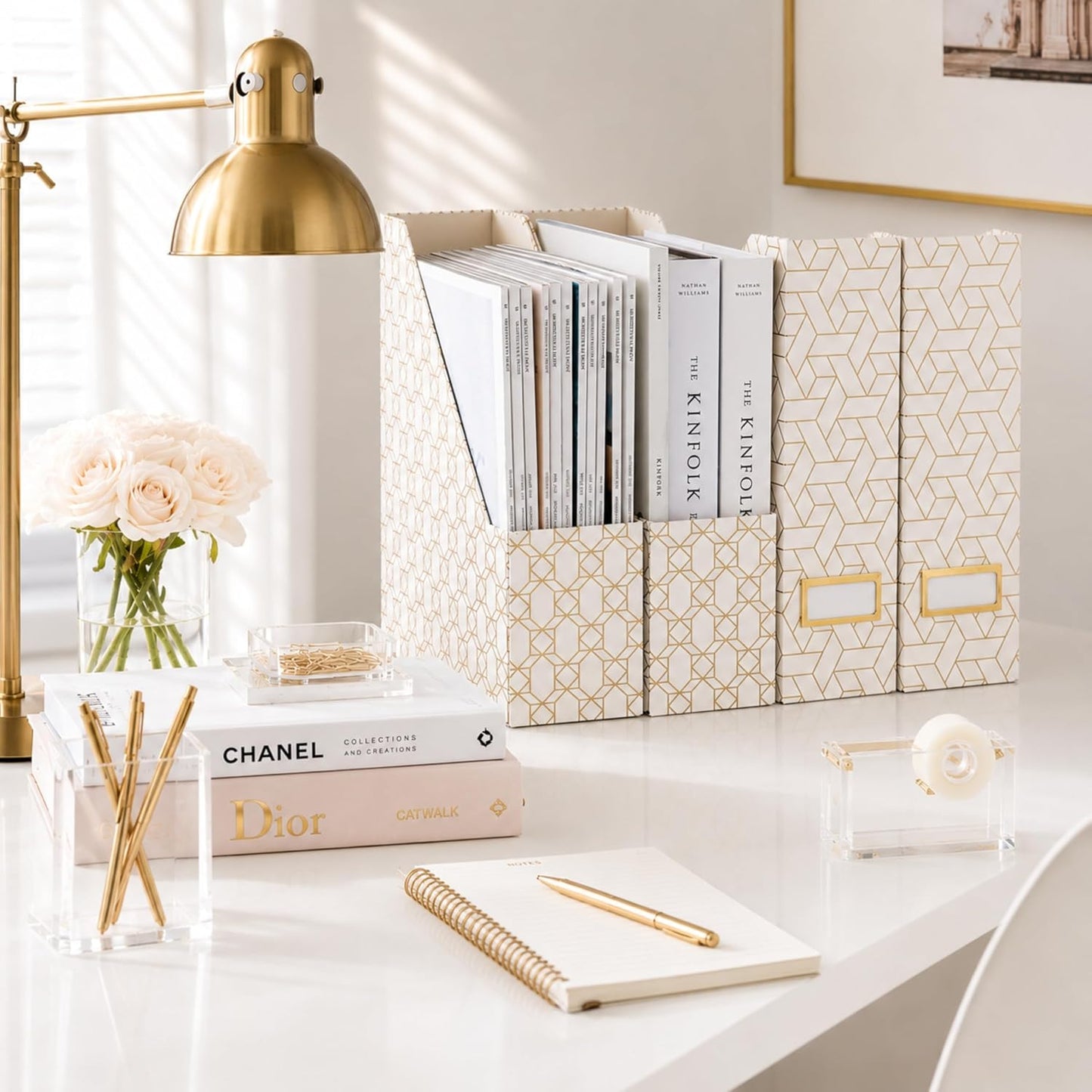 BLU MONACO | Cardboard Magazine File Holder Set of 4 | Vertical Magazine File Holder for Desk and Shelves | Cream Gold