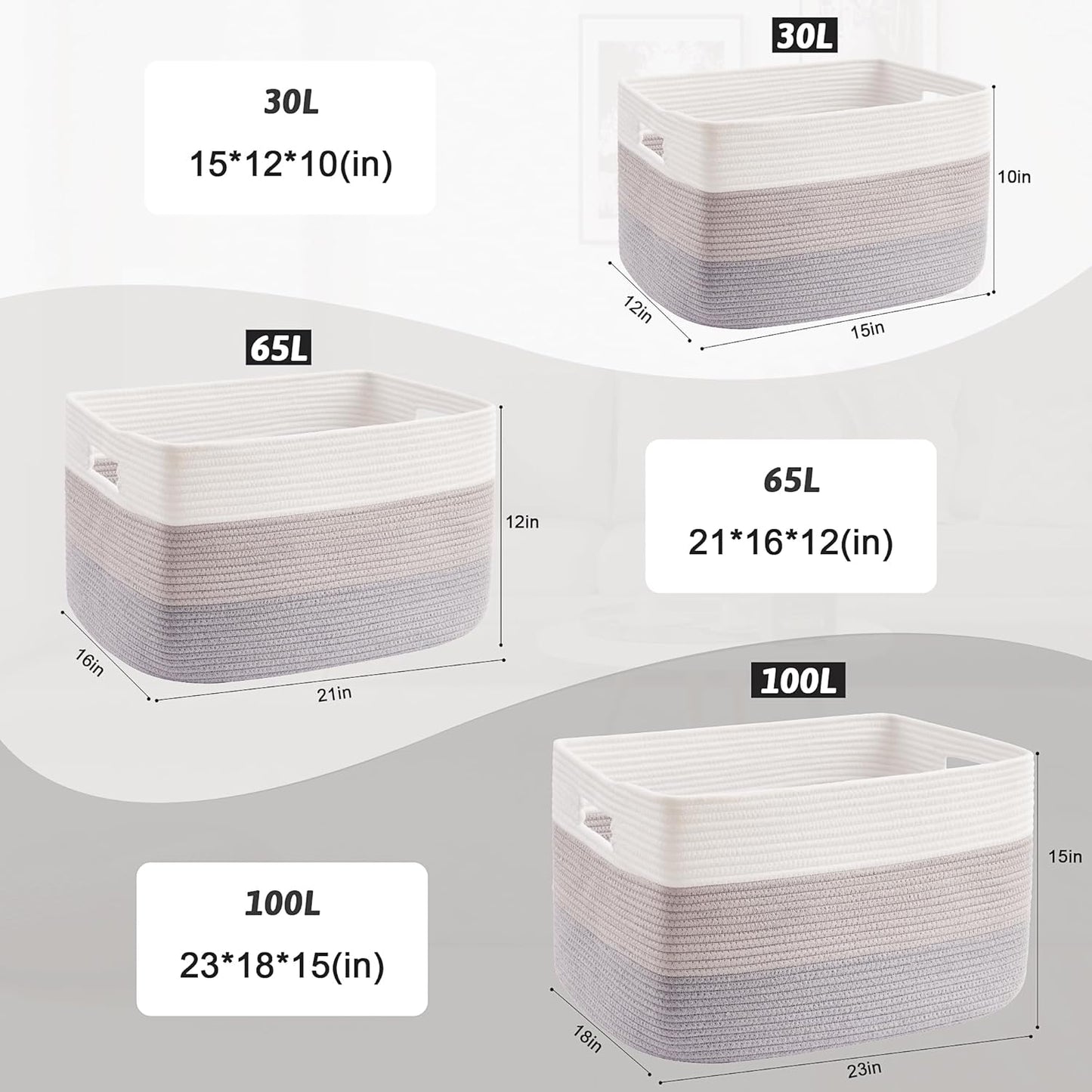 Rectangle Woven Baskets for Storage / Gray / 65L