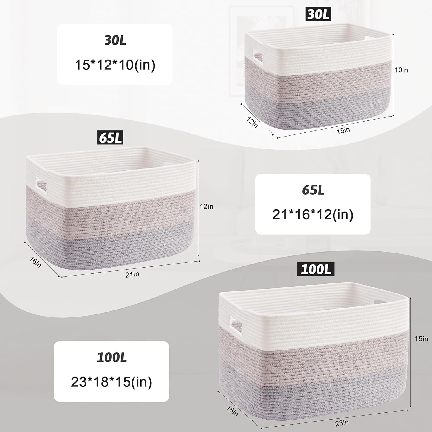 Rectangle Woven Baskets for Storage / Gray / 65L