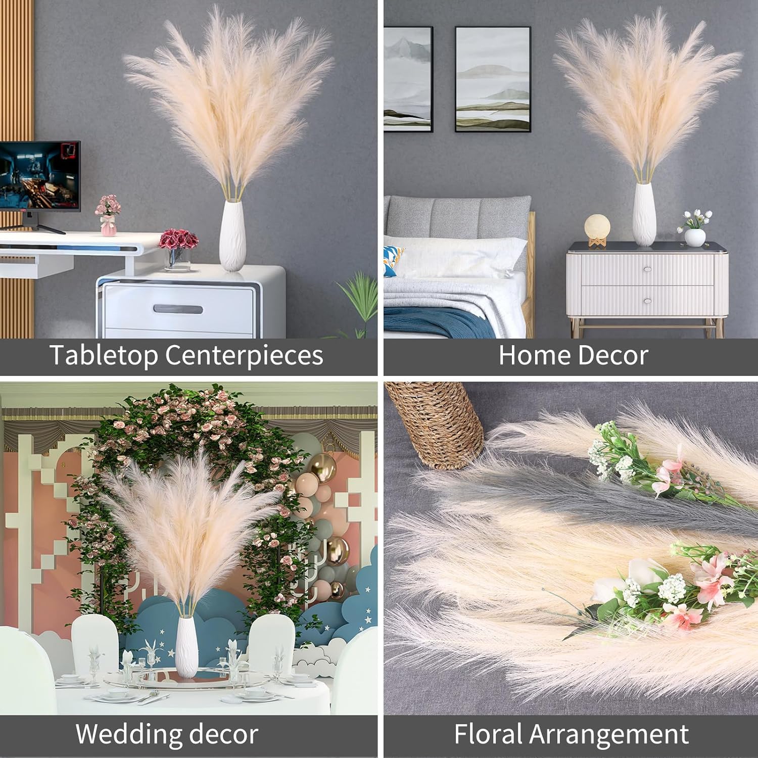 43"/110cm Faux Pampas Grass 6 Stems Large Pompass Grass Branches Tall Bulk Boho Flower / Taupe