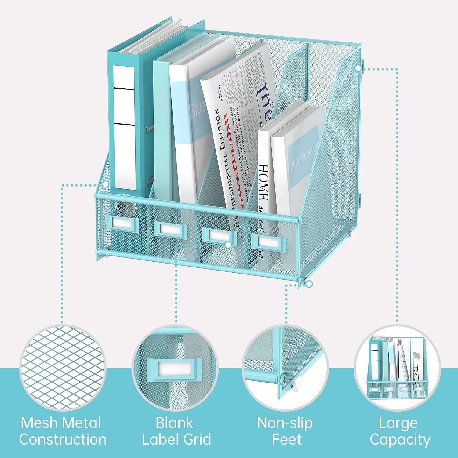 4-Compartment Magazine File Holder and File Organizer for Desk, Blue | Metal Magazine Holder and Magazine File Holder