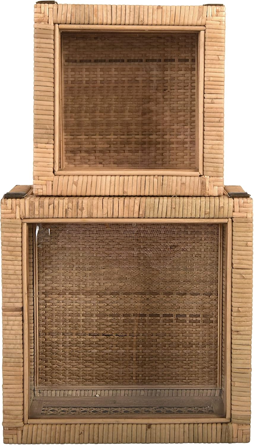 Modern Decorative Woven Rattan and Wood Display Boxes / Natural / Square / Set of 2