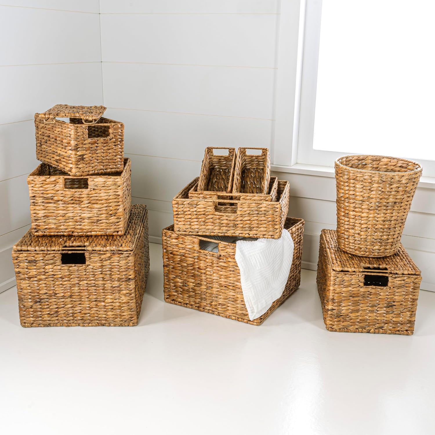 BSK1010A- Traditional Assorted Hand-Woven Hyacinth/Iron Wicker Storage Baskets / Natural / Set of 10