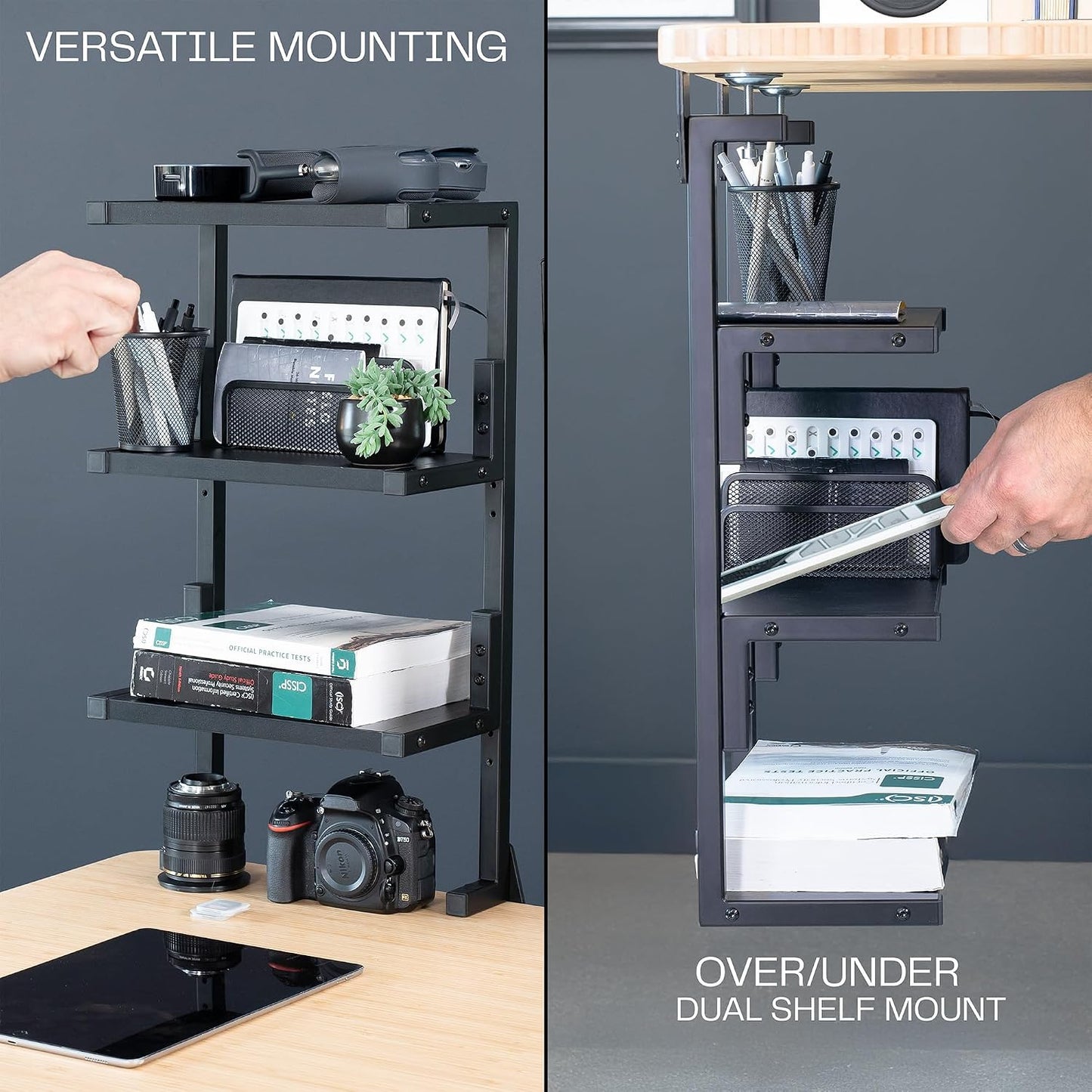 VIVO Clamp-on 13 inch Above or Below Desk 3-Tier Shelving Unit for Table Accessories, Gaming Devices, and More, Storage