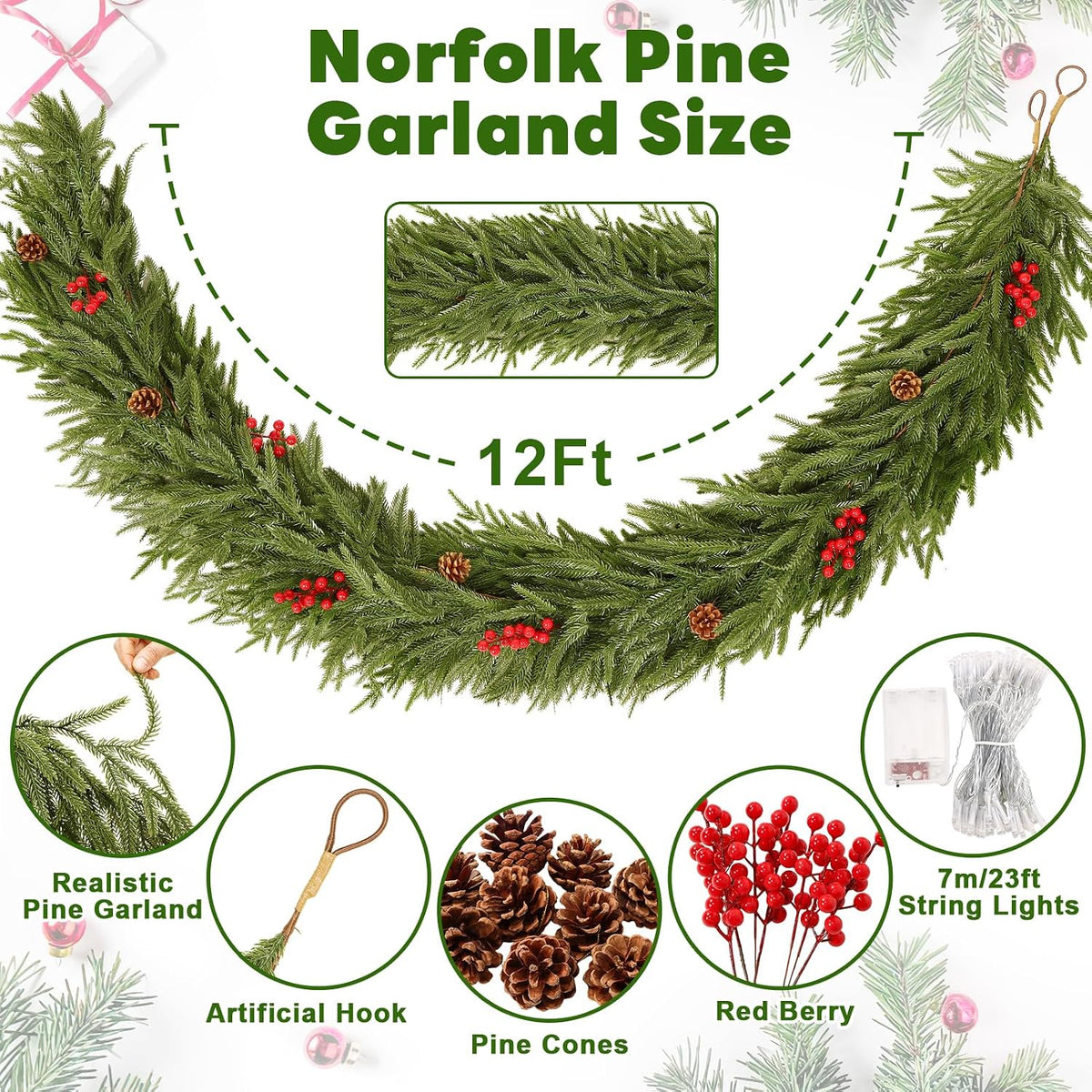 12FT Artificial Norfolk Pine Garlands - Real Touch Winter Pine Garland | Green Artificial Greenery Garland for Mantle