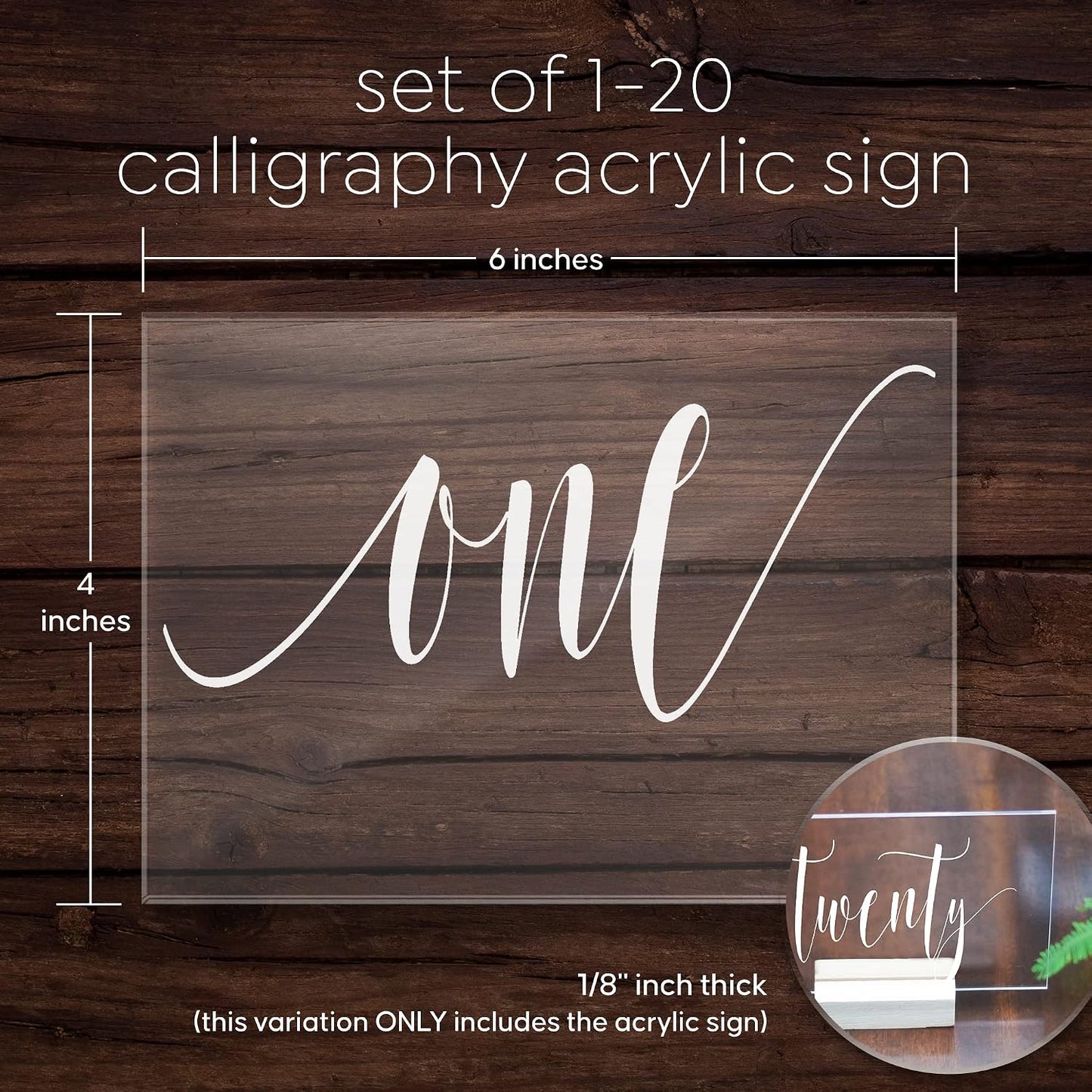 Cedar and Ink Acrylic Wedding Table Numbers 1-20, Acrylic Wedding Signs with Calligraphy Lettering, Glass Like Rustic