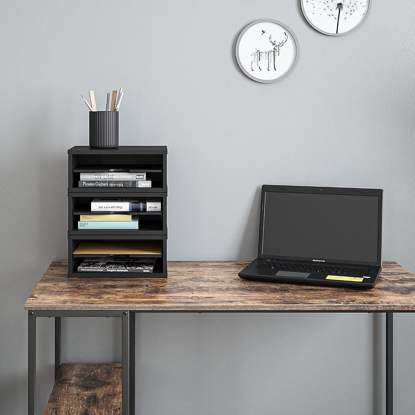 Ballucci File Organizer, 2-Tier Document Paper Sorter, Stackable Wood Desk Organizer Mail Holder, Monitor Stand with
