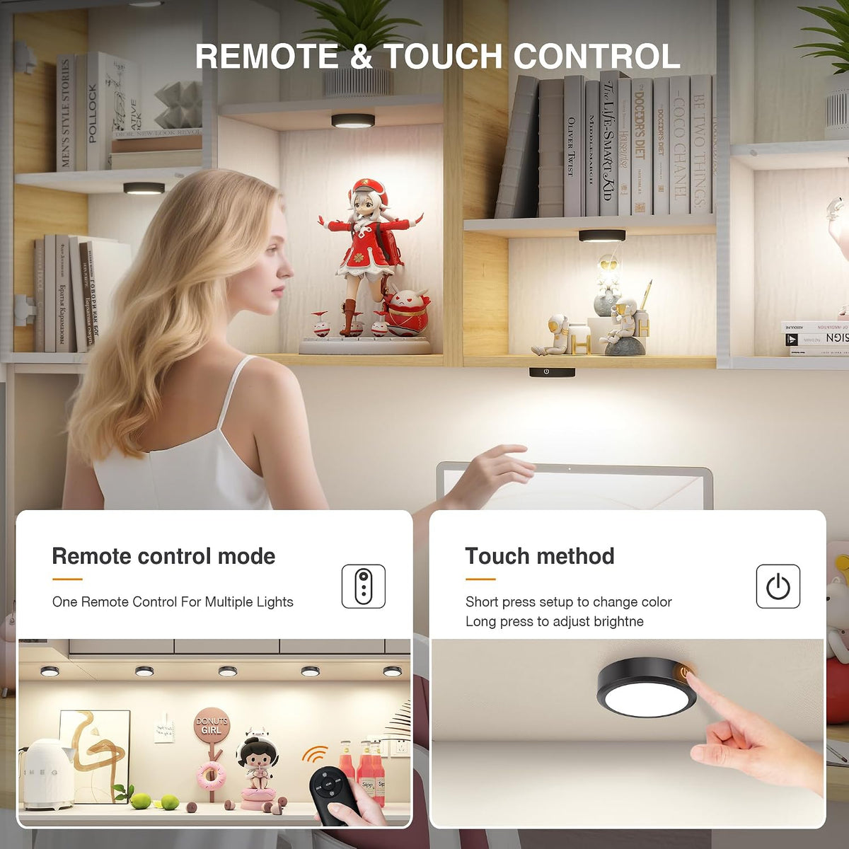 Puck Lights with Remote Control Rechargeable, Full-Screen Wireless LED Under Cabinet Lighting with Light Guide Plate,3