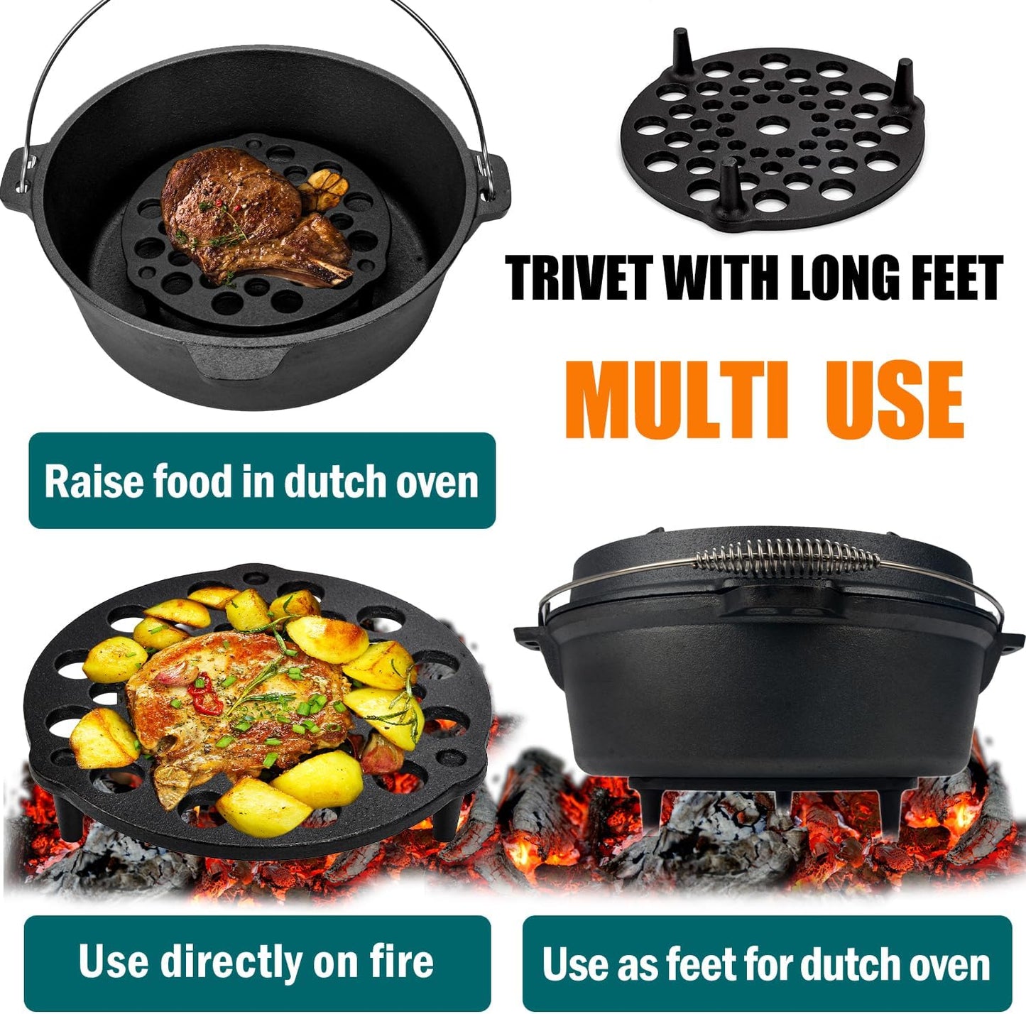 Cast Iron Trivet 2 PCS Set, 8-inch, Meat Rack, Cast Iron Grate for Dutch Ovens, Raise Food in Dutch Oven, Used as