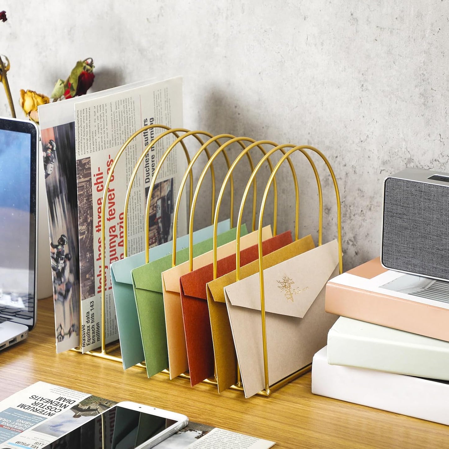 Kosiz 2 Sets Wire File Organizer for Desk 9 Slots Metal File Holder, Gold | Mail Desktop Sorter Countertop Folder Stand
