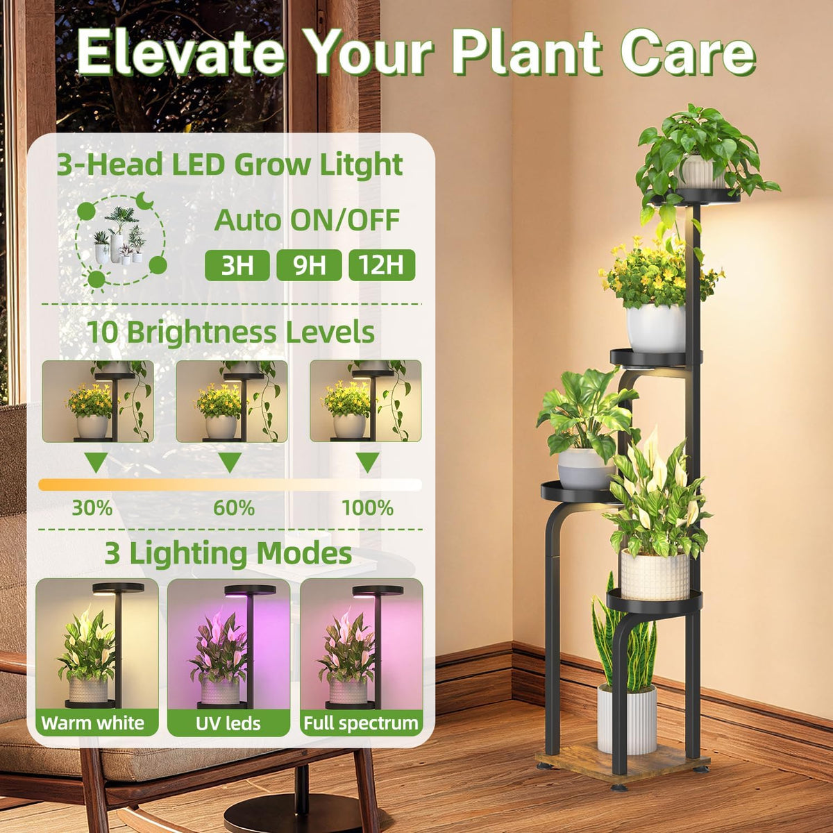 iDavosic.ly Tall Plant Stand Indoor with Grow Lights & Metal Trays, Brown | 4 Tier Corner Tiered Multiple Flower Holder