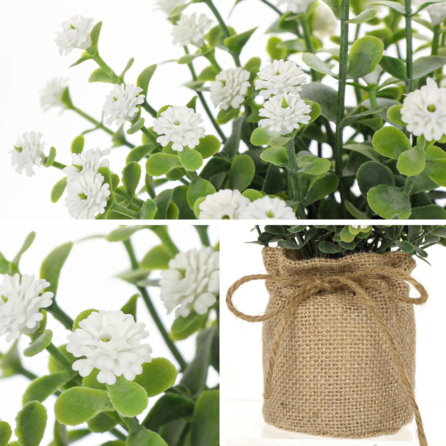 Faux Baby’s Breath Plant / White-burlap / Set of 3