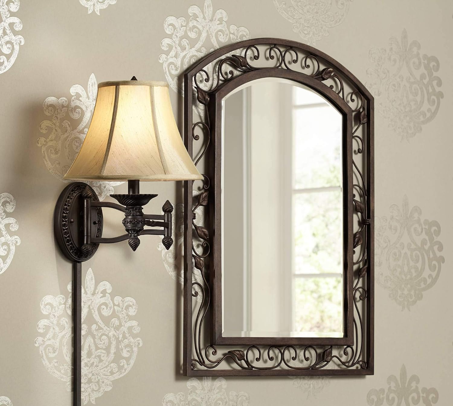 Godia Bronze Oval Plug-In Swing Arm Country Wall Lamp Light Fixture | French Indoor Dimmable Beige Softback Bell Shade