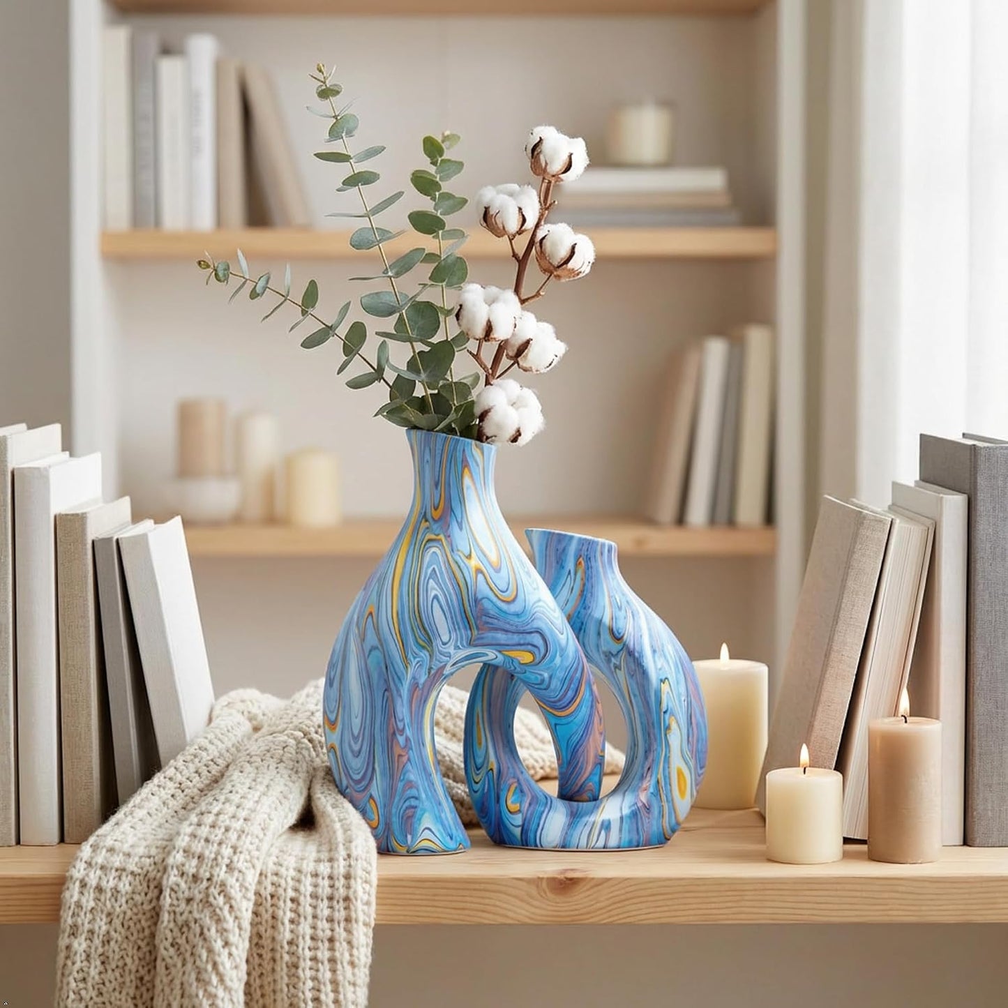 Ceramic Vases / Handcrafted Water-Transfer Flower Vase Set / Ocean Donut / Blue / Set of 2