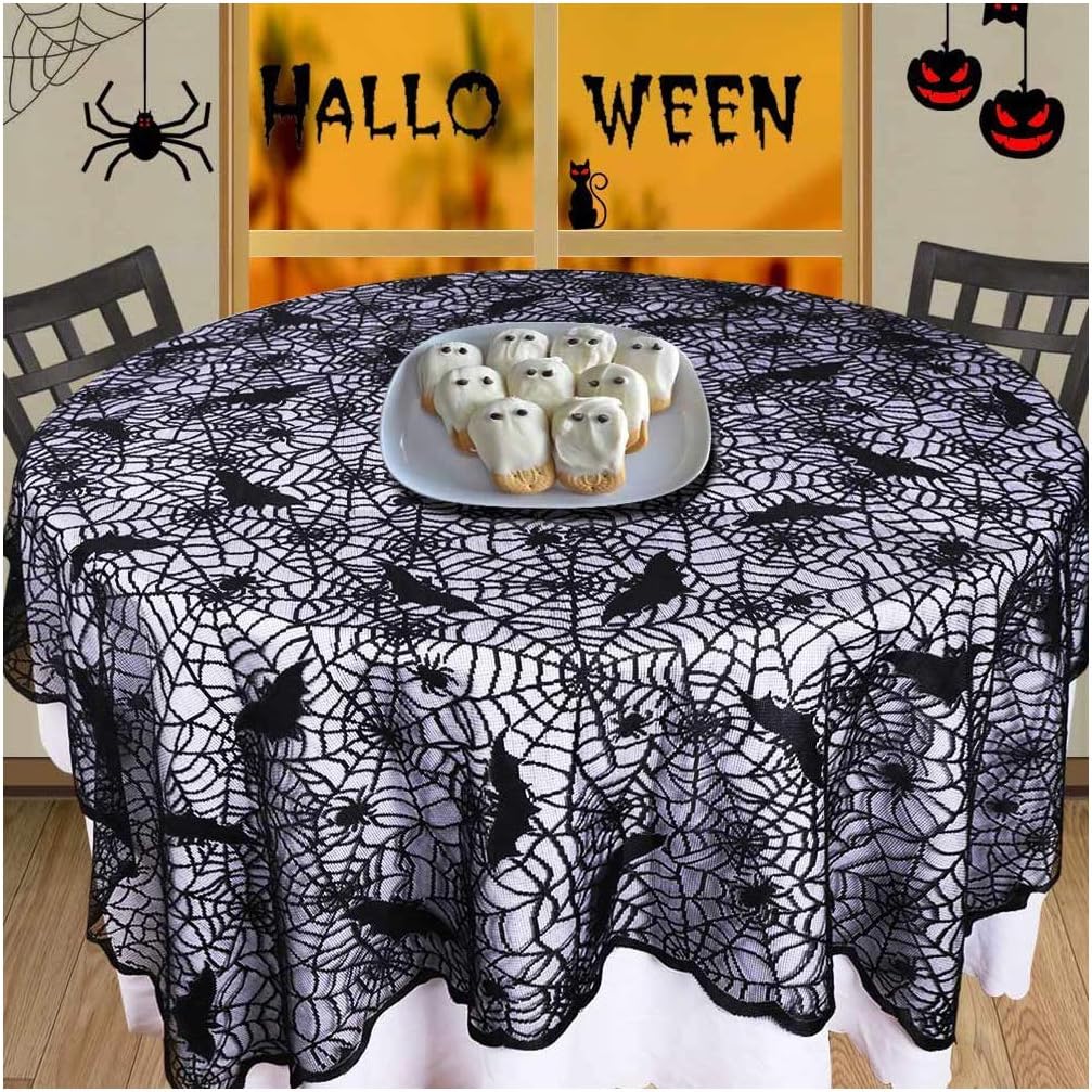 70-Inch Round Cobweb Table Topper, Halloween Bat Spider Web Tablecloth