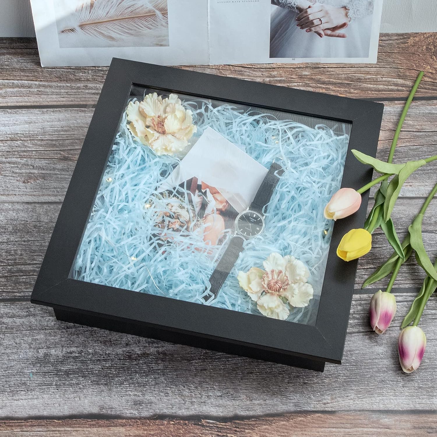 Golden State Art 4 Pack 11x11 Black Shadow Box Frame 2-inch Depth | 6 Pins Included*4, Letter Stickers, 3D Picture