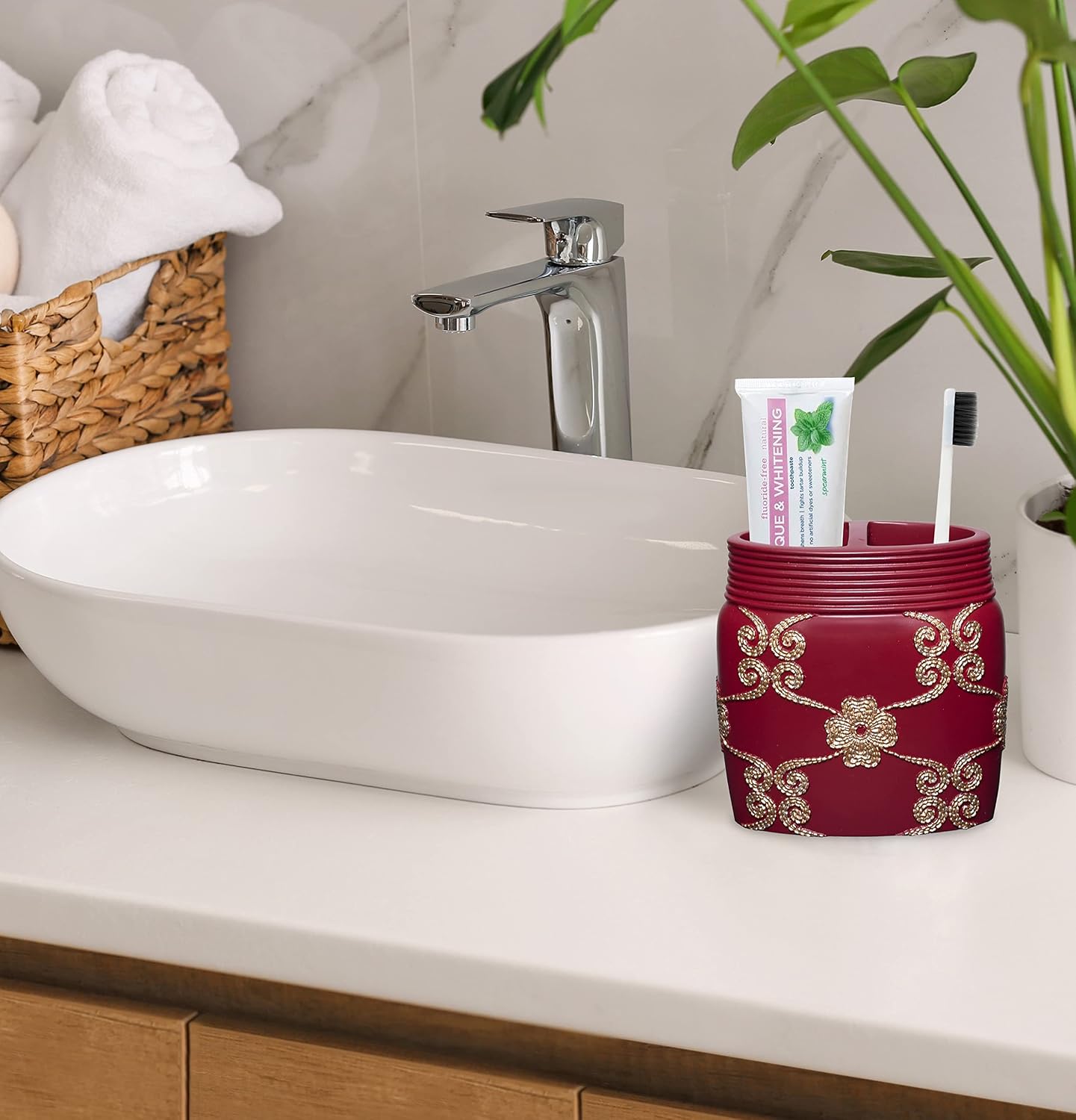 Zahari Home 4pc Elegant Rose Burgundy Bathroom Set Classic Bathroom Lotion Dispenser, Tumbler, Toothbrush Case and Bar