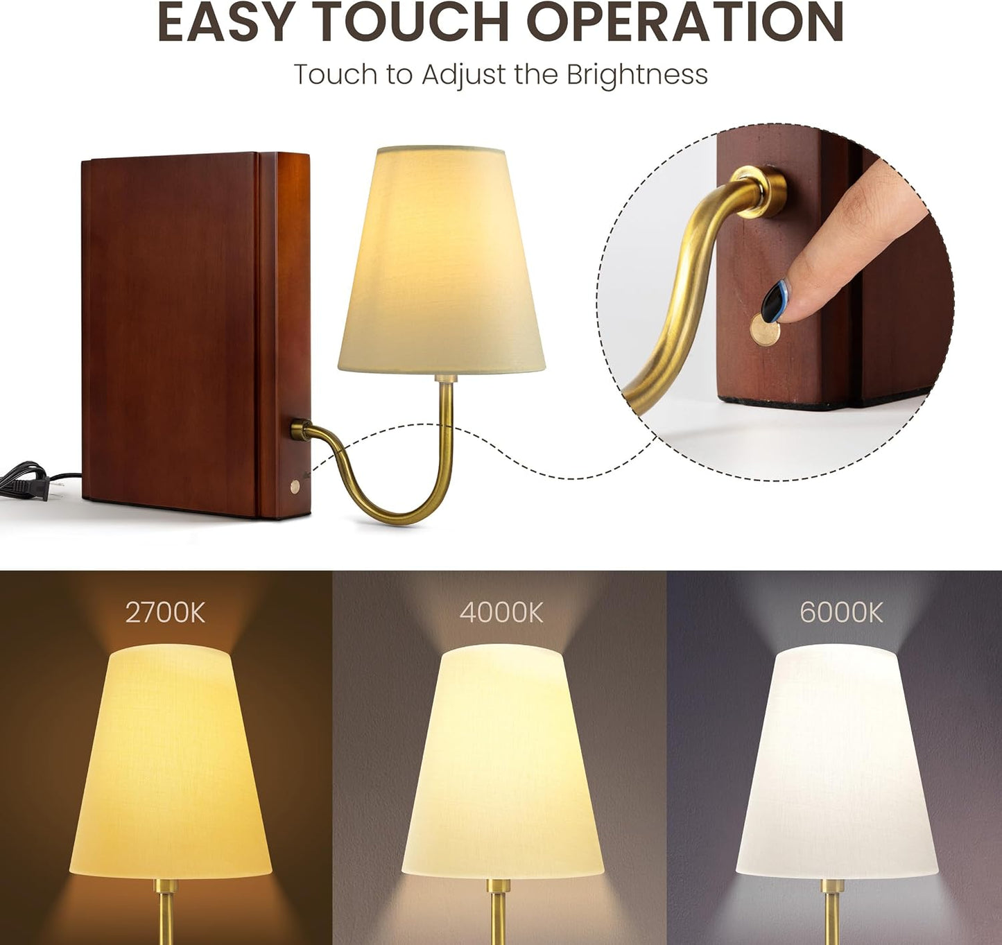 Solid Wood Bookshelf Lamp with Bulb, 3-Color Touch Control Dimmable Table Lamp with Linen Shade, Modern Decorative