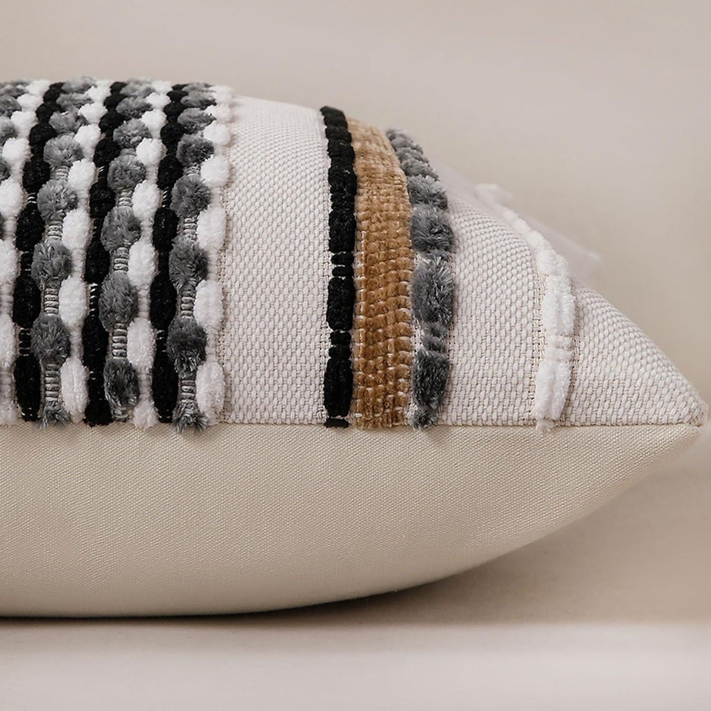 Boho Striped Throw Pillow Covers Farmhouse Square Decorative / Black Grey / 18 x 18 / Set of 2
