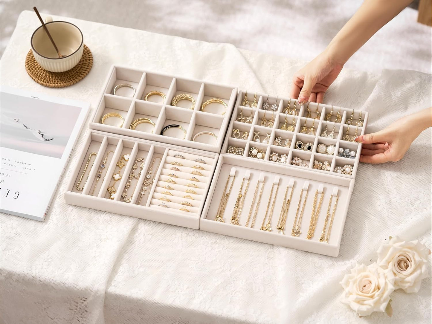 Velvet Jewelry Drawer Organizer Trays / Beige / Compact