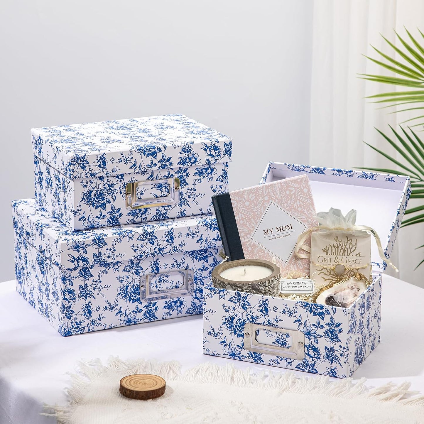 Vanity Desktop Organizer Bin / Blue and White / Set of 4