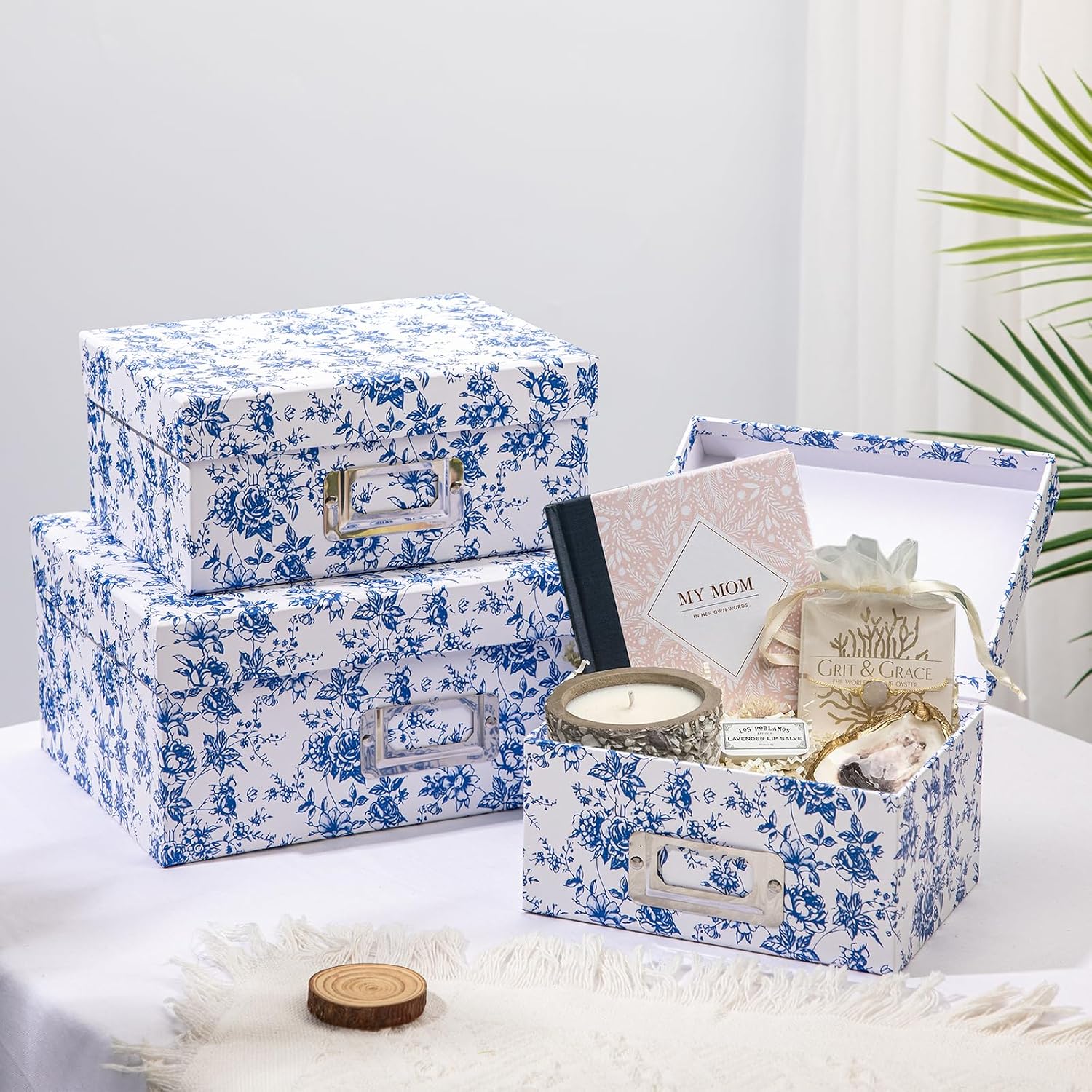 Vanity Desktop Organizer Bin / Blue and White / Set of 4