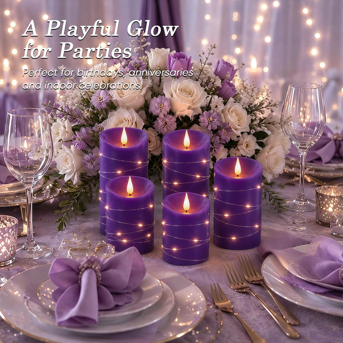 Homemory Purple Flameless Candles with String Lights, Remote Timer, 3 Pack | Flameless candles with string lights, real